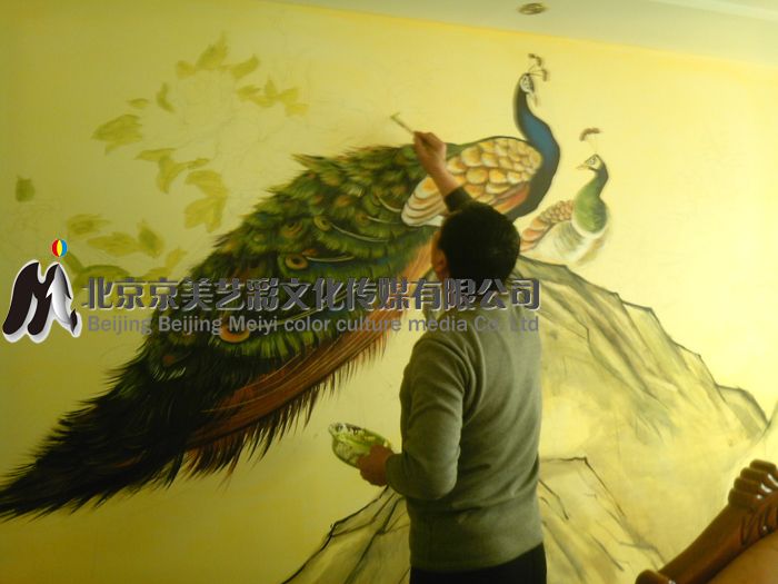 墙体彩绘 国画墙体彩绘 国画彩绘 孔雀效果图片01