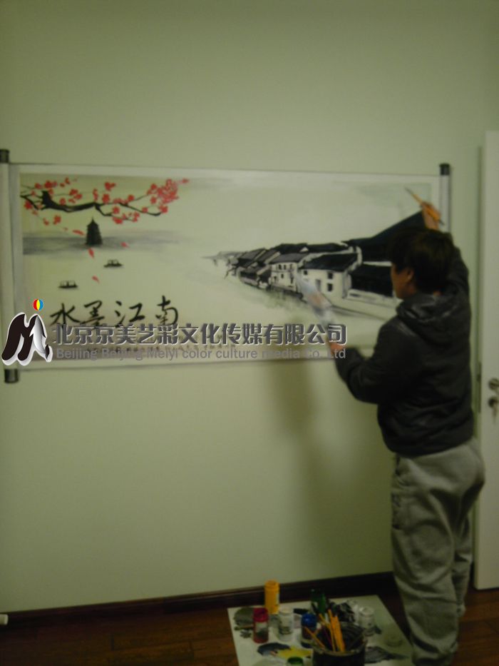 水墨江南国画墙体彩绘效果 国画墙体彩绘 国画彩绘