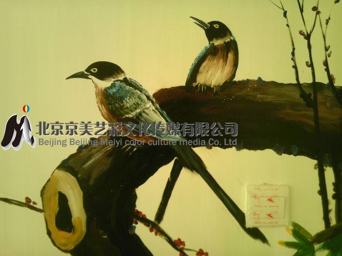 国画墙体彩绘画眉鸟效果图