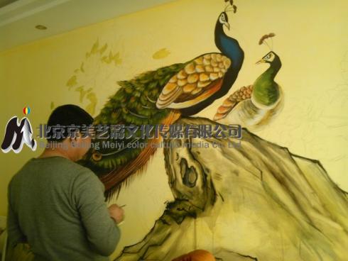 国画墙体彩绘孔雀效果图