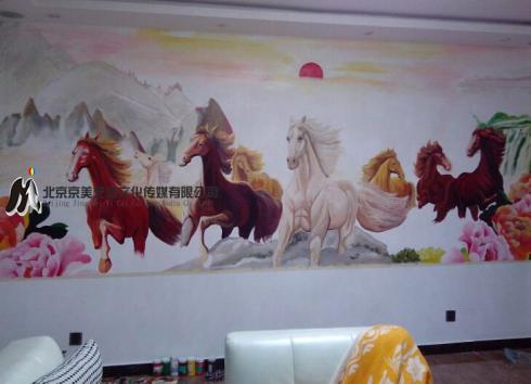 沙发背景墙墙体彩绘八骏图